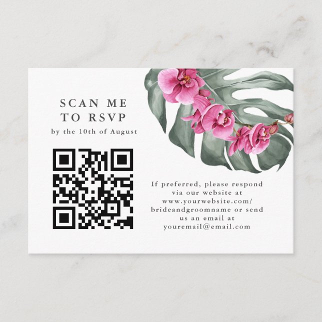 Hot Pink Orchids Tropical QR Code RSVP Enclosure Card (Front)