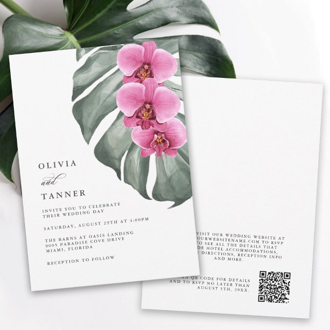 Hot Pink Orchids Tropical Wedding with QR code Invitation (Creator Uploaded)