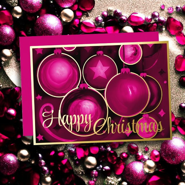 Hot Pink Ornaments Happy Christmas Foil Holiday Card (Creator Uploaded)