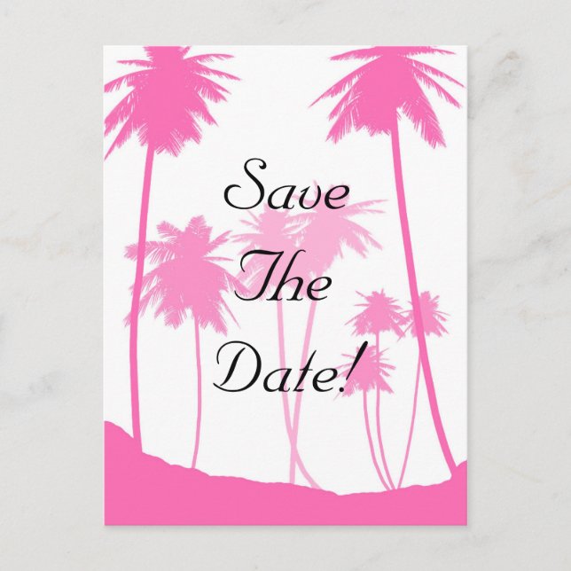 Hot Pink Palm Trees Tropical Wedding Save The Date Announcement Postcard (Front)