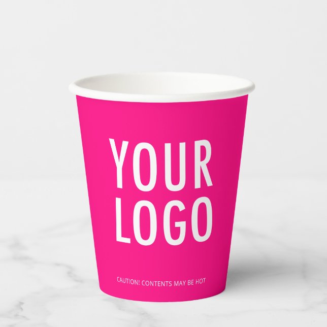 Hot Pink Paper Cups Custom Business Logo 8 oz (Front)