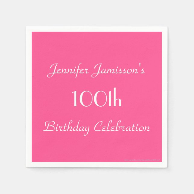 Hot Pink Paper Napkins, 100th Birthday Party Napkin (Front)