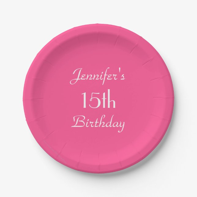 Hot Pink Paper Plates, 15th Birthday Party Paper Plate (Front)