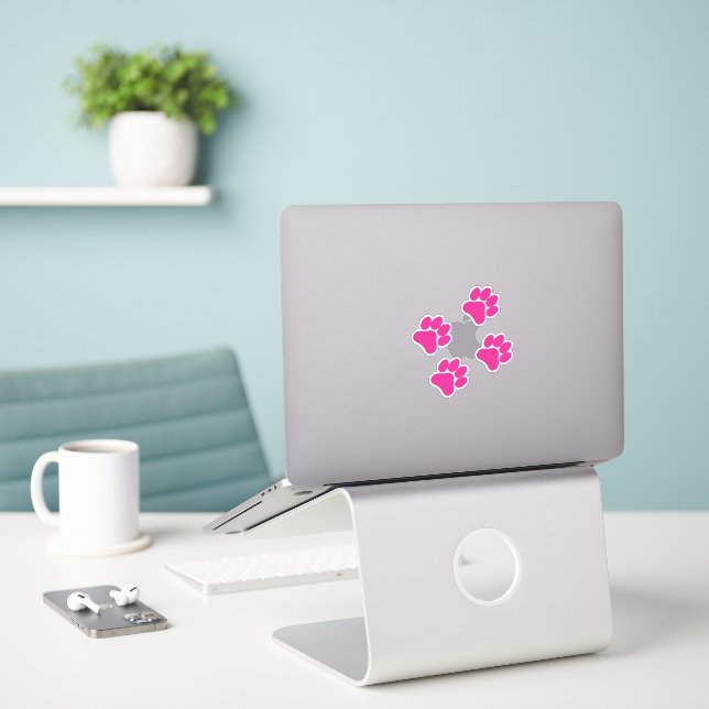 Hot Pink Paw Print -Set of 4 Paws Vinyl Stickers (Laptop On Desk)
