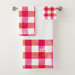Hot Pink Peach Watercolor Plaid Bath Towel Set