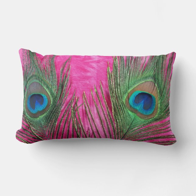 Hot Pink Peacock Feathers Lumbar Cushion (Front)