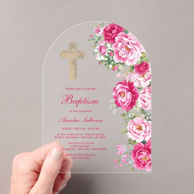 Hot Pink Peonies Arch Baptism Acrylic Invitations (Insitu (Handheld))
