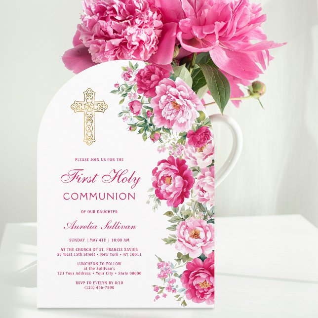 Hot Pink Peonies Arch First Communion Invitation (Creator Uploaded)