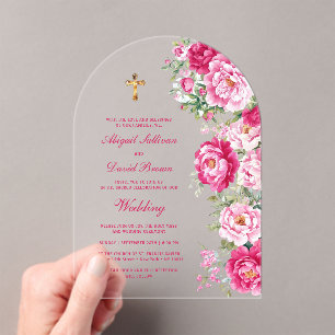 Hot Pink Peonies Arch Religious Wedding Acrylic Invitations