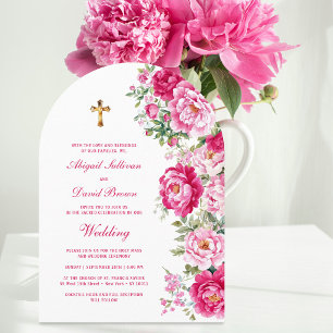 Hot Pink Peonies Arch Religious Wedding Invitation