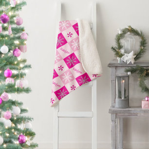 Hot Pink Peppermints & Snowflakes Add Your Name Sherpa Blanket