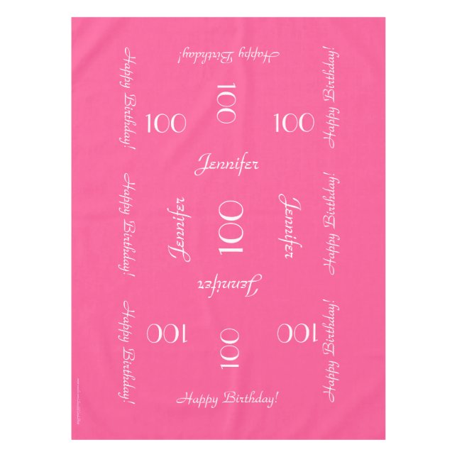 Hot Pink Personalised 100th Birthday Table Cloth (Front)