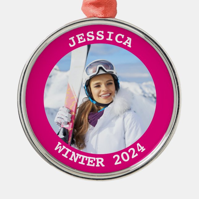 Hot Pink Personalised Round Family Photo Metal Ornament (Front)