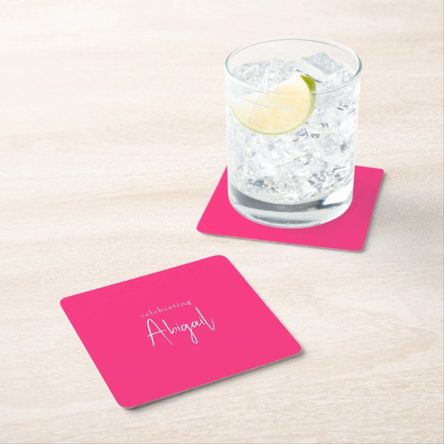 Hot Pink Personalised Script Name Birthday Square Paper Coaster (Insitu)