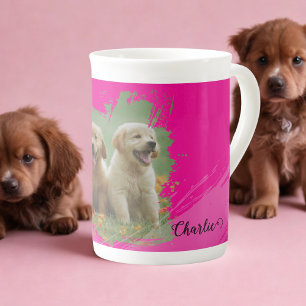 hot pink pets name elegant typography & photo bone china mug