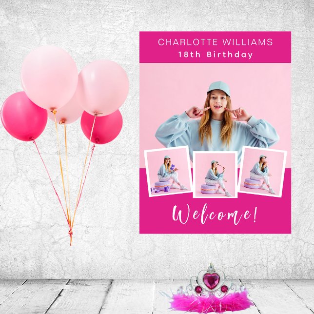 Hot pink photo collage birthday party welcome poster (Creator Uploaded)