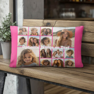 Hot Pink Photo Collage - Modern 14 Pic Grid Lumbar Cushion