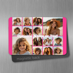 Hot Pink Photo Collage - Modern 14 Pic Grid Magnet