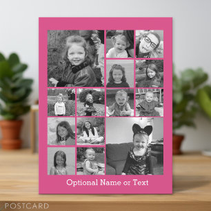 Hot Pink Photo Collage - Modern 14 Pic Grid Postcard