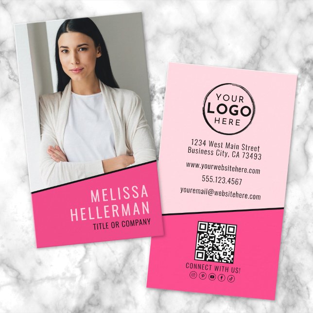 Hot Pink Photo QR Code Vertical Logo Business Card (Hot Pink Photo QR Code Vertical Logo Business Card)