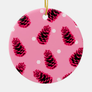 Hot Pink Pine Cones Christmas Ceramic Ornament