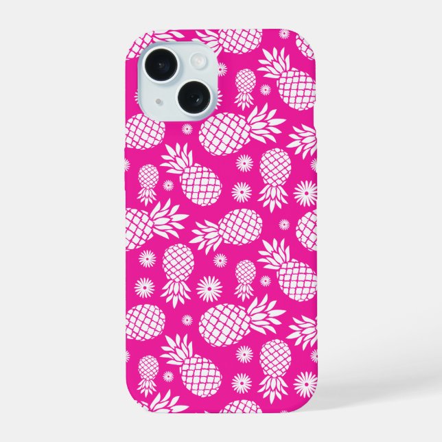 Hot pink pineapples and flower pattern iPhone 15 case (Back)