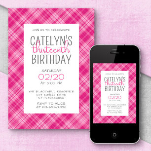 Hot Pink Plaid Girls' Birthday Invitation