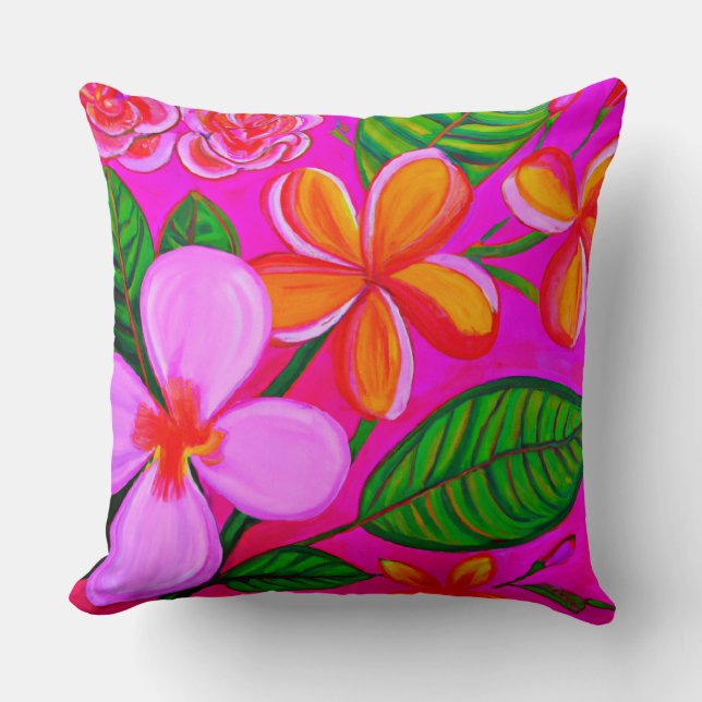 Hot Pink Plumeria Tropical throw pillow (Front)
