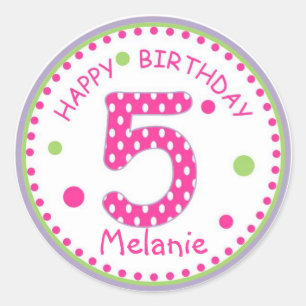 Hot Pink Polka Dot Happy Birthday Number 5 Classic Round Sticker