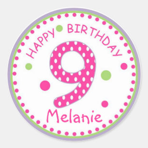 Hot Pink Polka Dot Happy Birthday Number 9 Classic Round Sticker