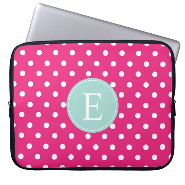 Hot Pink Polka Dot Mint Monogram Laptop Sleeve (Front)