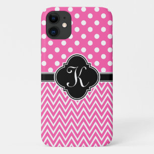 Hot Pink Polka Dots Chevron Quatrefoil Monogram iPhone 11 Case