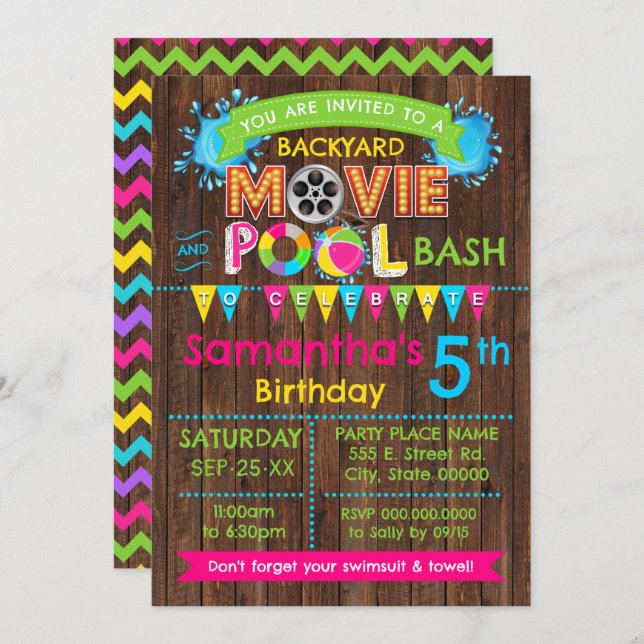Hot Pink Pool and Movie Birthday Summer Bash Invitation (Front/Back)