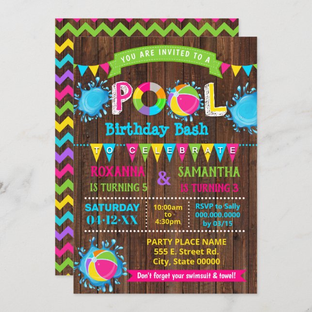Hot Pink Pool birthday bash combined sibling party Invitation (Front/Back)