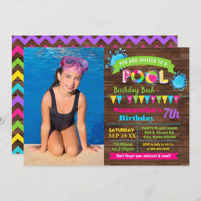 Hot Pink Pool birthday summer bash wood photo Invitation (Front/Back)