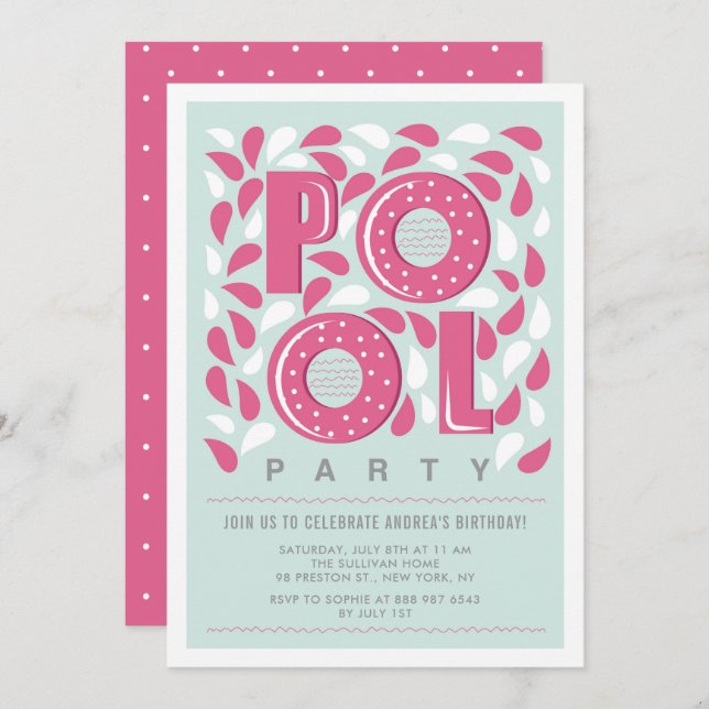Hot Pink Pool Party Splash Birthday Invitation (Front/Back)