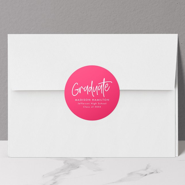Hot Pink | Preppy Script Graduation Classic Round Sticker (Creator Uploaded)
