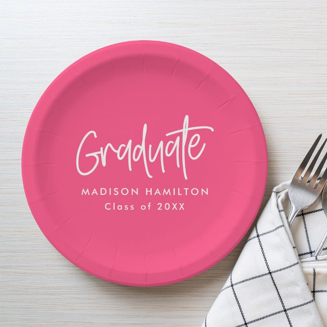 Hot Pink | Preppy Script Graduation Paper Plate (Creator Uploaded)