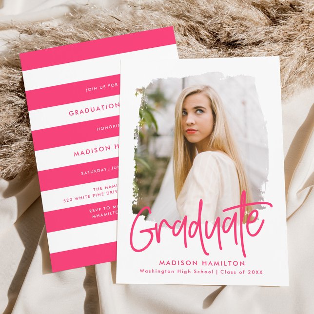 Hot Pink | Preppy Script Photo Graduation Party Invitation (Creator Uploaded)