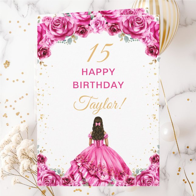 Hot Pink Princess Floral Happy Birthday Card (Creator Uploaded)