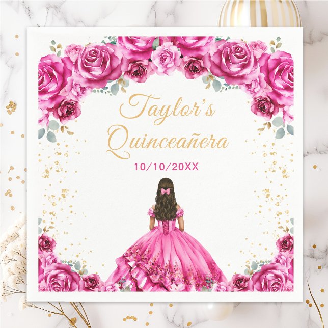 Hot Pink Princess Floral Quinceañera Napkin (Creator Uploaded)