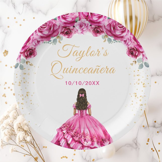 Hot Pink Princess Floral Quinceañera Paper Plate (Creator Uploaded)