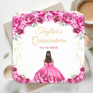 Hot Pink Princess Floral Quinceañera Square Paper Coaster