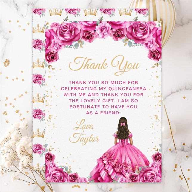 Hot Pink Princess Floral Quinceañera Thank You Card (Creator Uploaded)