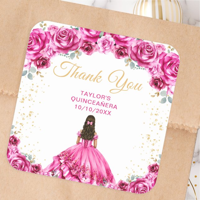 Hot Pink Princess Quinceañera Thank You Square Sticker (Creator Uploaded)