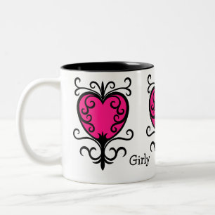 Hot pink punk girly girl ornate heart Two-Tone coffee mug
