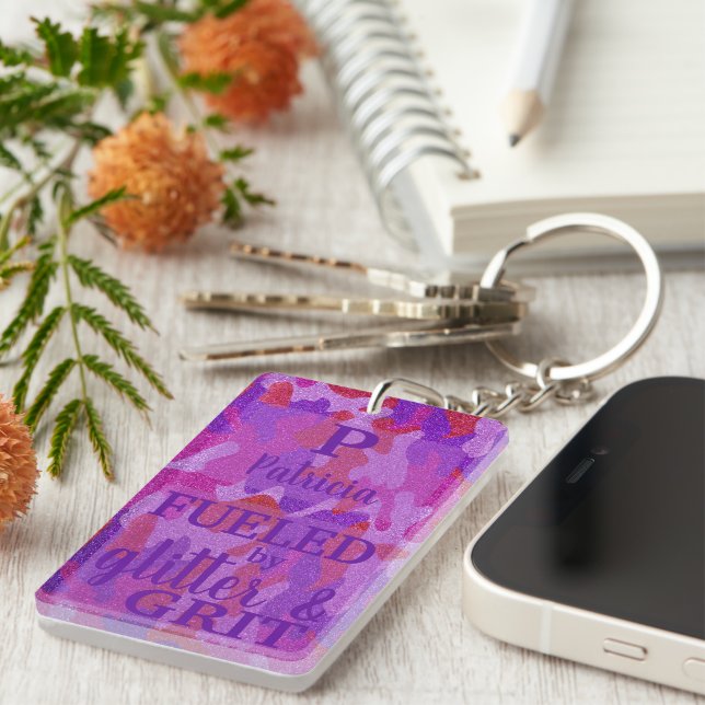 Hot Pink Purple Camouflage Glitter Camo Name Key Ring (Front Right)
