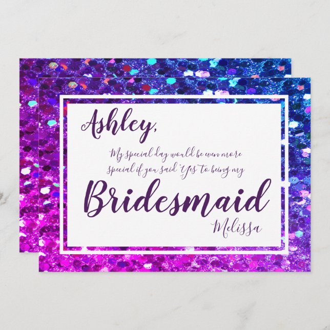 Hot Pink / Purple Glam Will You Be My Bridesmaid Invitation (Front/Back)