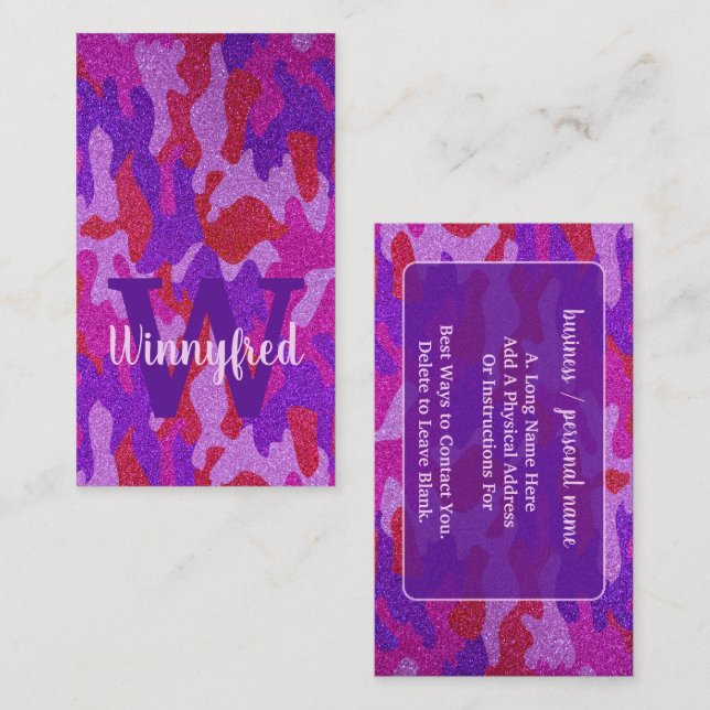 Hot Pink Purple Glitter Camouflage Camo Outdoorsy Business Card (Front/Back)