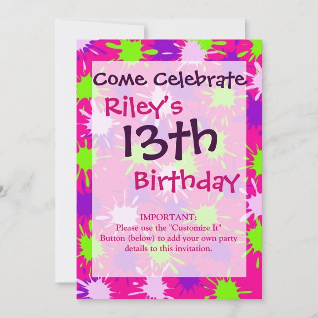 Hot Pink Purple Lime Green Paint Splatters Splotch Invitation (Front)